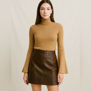 ETCETCA 100% Leather A-Line Mini Skirt, Poly/Spandex Lined, Embroidered Design